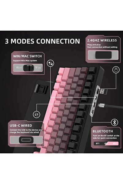 NO BRAND Tastatură Mecanică 75% Wireless RGB Hot Swap cu Buton Rotativ BT/USB