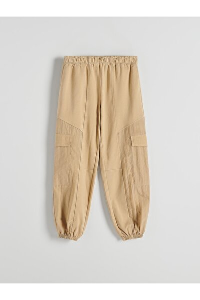 NO BRAND Pantaloni de trening din bumbac bej, stil jogger cargo, largi, cu bu...