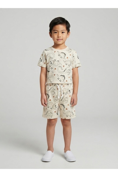 Babyqlo Boys Beige Dinosaur Print T-Shirt and Shorts Co-ord Set