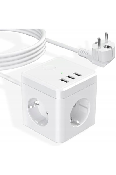 NO BRAND Zld-33Eu Cub de alimentare 6-în-1, 3 prize, 3 porturi USB-C, 2500W, Alb