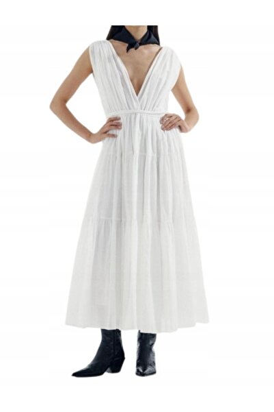 NO BRAND Rochie maxi trapezoidală albă din bumbac impecabil, cu decolteu adân...