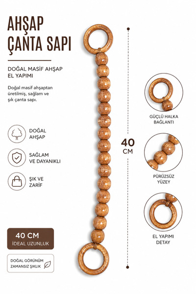 vollen yarn Doğal Masif Ahşap Çanta Sapı 40 cm El Yapımı Boncuklu Çanta Kulpu...