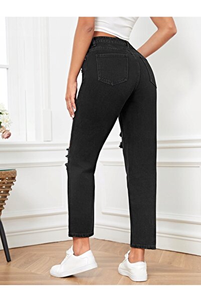NO BRAND PANTALONI NEGRI MOM JEANS 7/8 CU IMPRIMARE CLASICĂ DIN BUMBAC, TALIE...