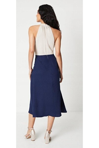 NO BRAND Rochie midi clasică bej bleumarin, netedă, cu design simplu, 48