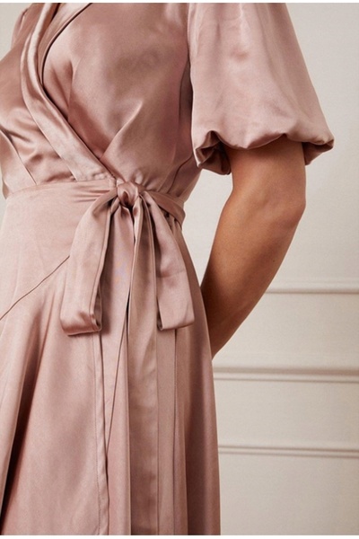 NO BRAND Rochie midi cu legătură, roz, cu volane, mânecă scurtă, din satin, W...