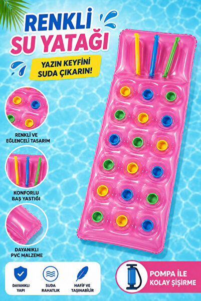 JOY SMART Bardaklıklı Şişme Deniz Yatağı 175x75 cm | İçecek Bölmeli Konforlu ...