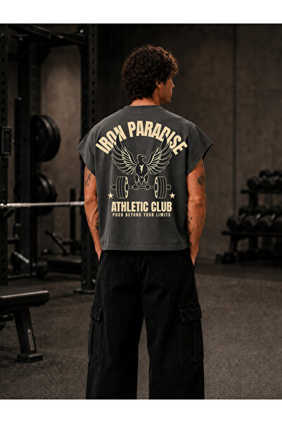EVIus تي شيرت GYM Athlete Iron Paradise مطبوع بمقاس كبير وبدون أكمام وياقة دا...