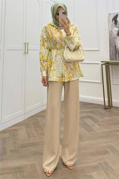 Neşeli Butik Γυναικείο πουκάμισο χιτζάμπ με κίτρινο δέσιμο στη μέση και φλορά...