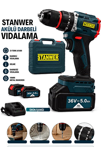 STANWER 36V 5,0 AH VİDALAMA KÖMÜRSÜZ MOTOR Darbeli ŞARJLI MATKAP ÇİFT AKÜLÜ 1...