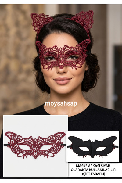 moysahsap party&ahşap طقم قناع دانتيل أحمر وأسود ذو وجهين مع تاج قطة
