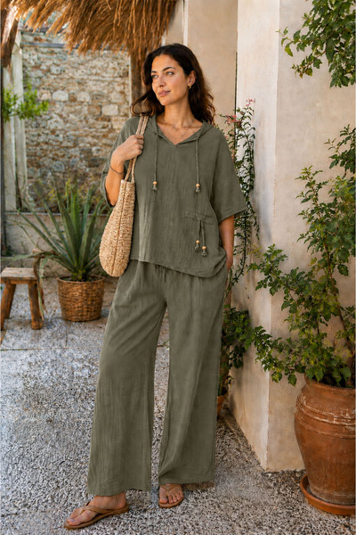 cesita Khaki 100% Cotton Muslin Fabric Three Quarter Sleeve Shirt Wide Leg Pa...