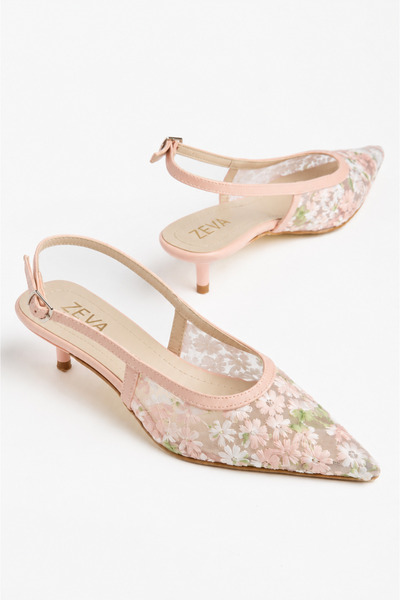 ZEVA COLLECTION ZEVA Kadın Çiçek Desenli Tül İşlemeli Sivri Burun Slingback K...