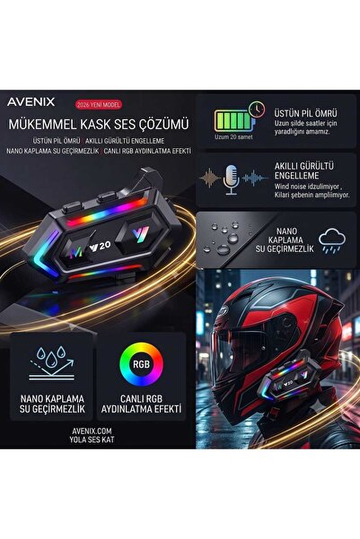 Avenıx Y20 Kask Intercom - Bluetooth 5.3 Su Geçirmez RGB Aydınlatmalı Motosik...