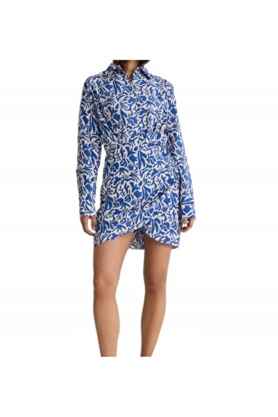 NO BRAND Rochie mini albă și albastră cu imprimeu, cu mânecă lungă și guler, ...