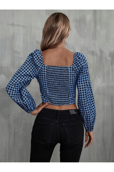 NO BRAND Tricou clasic albastru cu mânecă lungă, cu imprimeu pepit, Shein 36