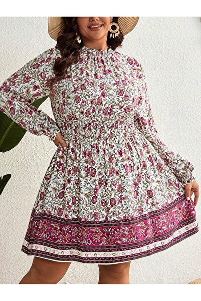 NO BRAND Rochie bej cu imprimeu floral, drapaje, guler ridicat, stil boho, Sh...