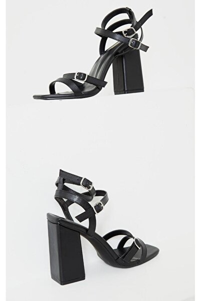 NO BRAND Sandale negre cu toc din piele, clasice, Prettylittlething, 40