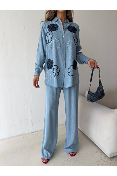 MİA NOURA Women's Denim Fabric Embroidered Front Oversize Shirt and Pants Set