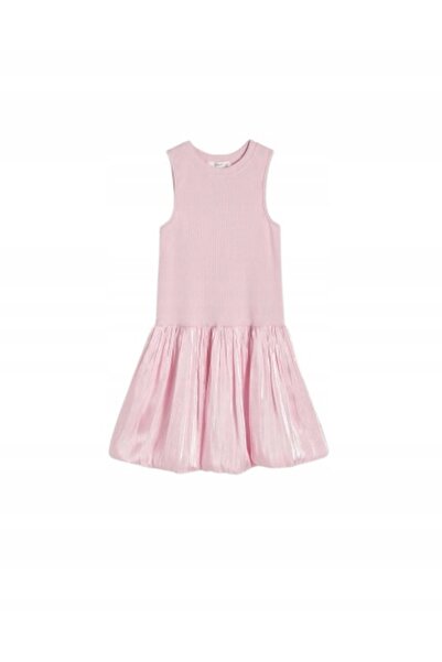 NO BRAND Rochie din satin roz, sclipitoare, cu talie striată, fără mâneci 158
