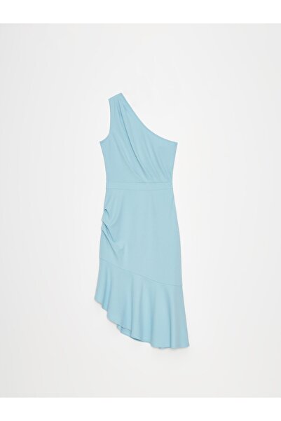 NO BRAND Rochie asimetrică albastră cu volane și pliuri, pe un umăr, m