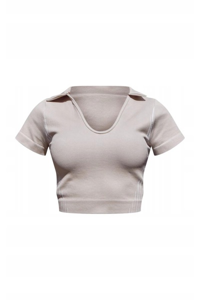 NO BRAND Tricou bej cu mânecă scurtă, guler scurt, Prettylittlething L