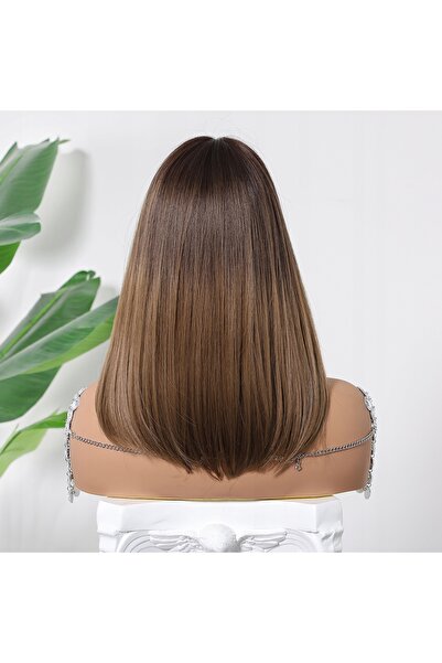 NO BRAND Perucă de damă, ombre maro, bob, naturală, cu breton, 36cm