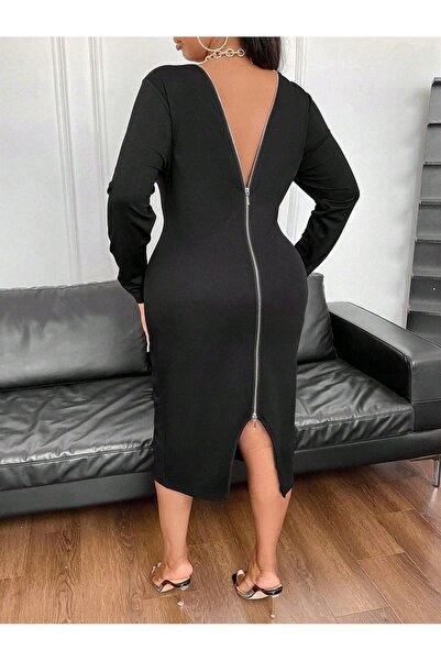 NO BRAND Rochie bodycon neagră, tip creion, texturată, cu fermoar la spate, S...