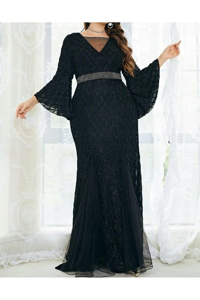 NO BRAND Rochie de seară neagră cu mâneci largi, cu fir strălucitor, Shein 44