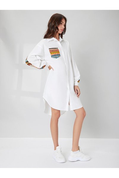 NO BRAND Shein 34 Rochie cămașă albă, largă, asimetrică, cu mânecă lungă și g...