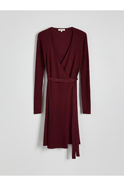 NO BRAND Rochie tip plic metalizată bordo, cu curea, mânecă lungă, mărimea L.