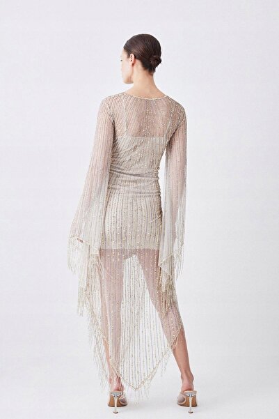NO BRAND Rochie bej cu paiete, cu ornamente aurii, glamour, de cocktail, Kare...