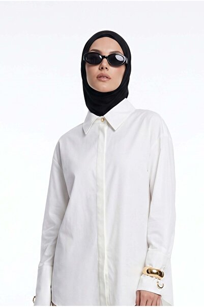 Armine TREND Doğal Kumaş Gizli Patlı Tam Boy Düğmeli Oversize Basic Gömlek Ek...