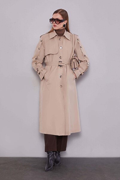Levidor Beige Trench Coat with Cufflinks Detail
