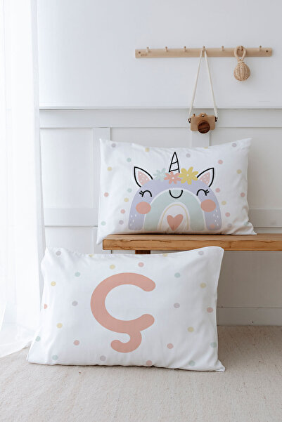 Tuğba Kuğu Față de pernă din 2 bucăți (35X45) Unicorn somon - Seria Litere - ...