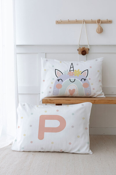 Tuğba Kuğu Față de pernă din 2 bucăți (50x70) Unicorn somon - Seria Litere - ...