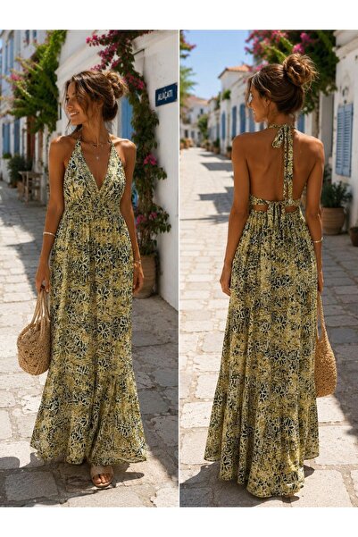 shop Kadın Haki Çiçek Desenli %80 İpek Sırt Dekolteli Askılı Uzun Maxi Yazlık...
