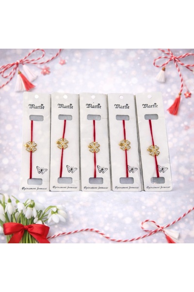 velve Set 5 Bratari Martisor, trifoi cu patru foi, cristale si snur rosu regl...
