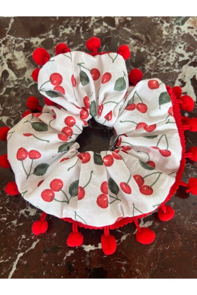 OIA Atelier Cherry Patterned Red Pompom Edge Scrunchie Cotton Elastic Scrunchie