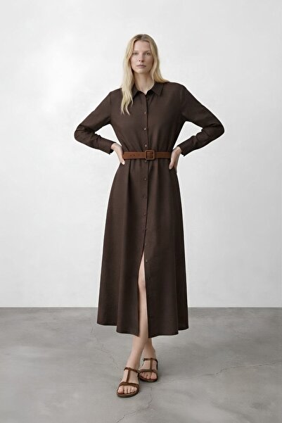 Shopping Shop Beli Belted Long Sleeve Dress Brown