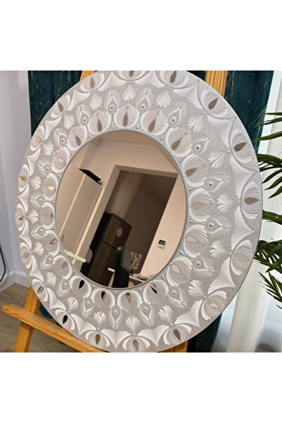 Ezera Mandala painting with central mirror, in silver-white colors, 60 cm, MD...