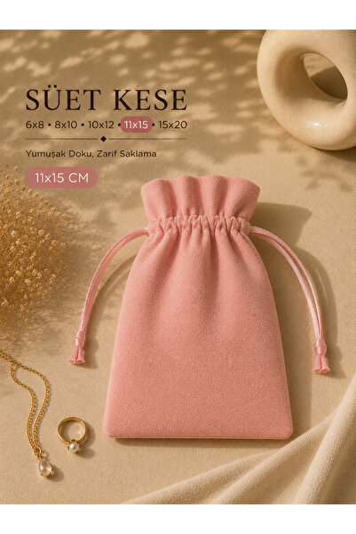 11x15 cm Süet Kese 25 Adet Pembe | Takı Kesesi, Kuyumcu Kesesi, Altın Kesesi, Hediyelik Kese, Takı Saklama Kesesi