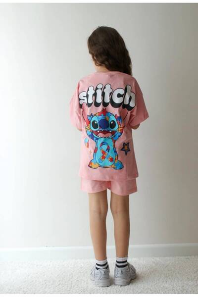 GREYFURTKİDS Stitch Printed Front and Back Cotton Shorts for Girls