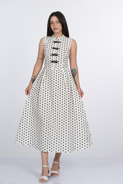 MissVina Women's Ecru Stand Collar Chinese Button Detailed Polka Dot Poplin S...