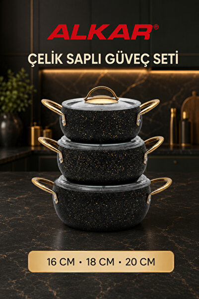 AKBA HOME Granite Casserole Pot Set 6 Pieces with Steel Handles and Glass Lid...