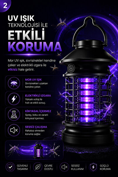 Merwish Sinek Şarjlı UV Öldürücü Kamp Lambası 5W LED Işık Taşınabilir Sivrisinek Kovucu Siyah