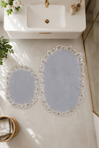 Bonny Home Gray 2-Piece Lace Non-Slip Leather Based Oval Bath Mat Washable Ba...