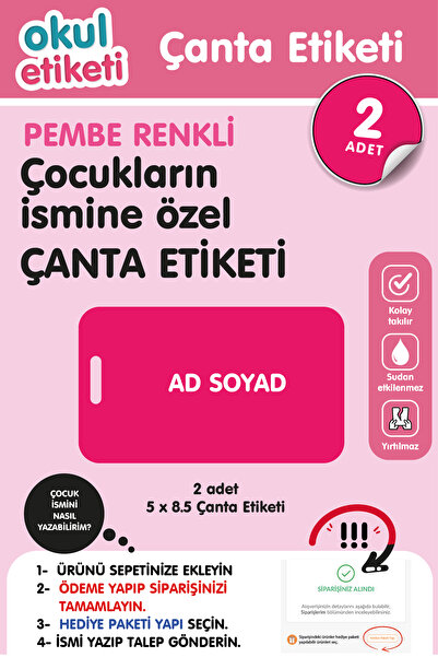 OKUL ETİKETİ BASKI OKUL ETİKETİ PEMBE RENK TEMALI İSME ÖZEL ÇANTA ETİKETİ TOP...