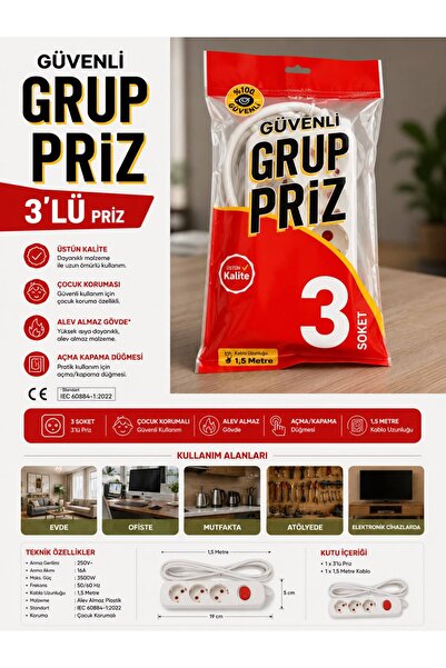 Tunçmatik 3'LÜ ANAHTARLI GRUP PRİZ 1.5 METRE KABLOLU