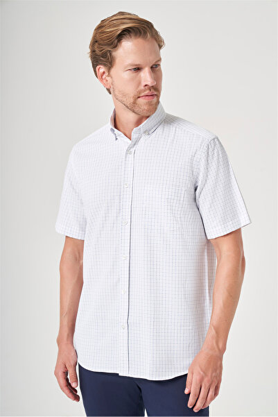 İmza White-Blue Buttoned Collar Short Sleeve Pocket Comfort Fit Cotton Shirt ...