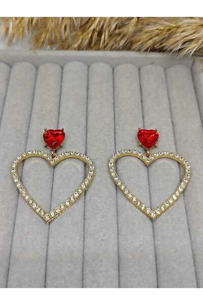 ZEYKU ACCESSORİES Red Zircon Heart Detailed Zircon Stone Dangle Earrings - Nighttime Elegance
